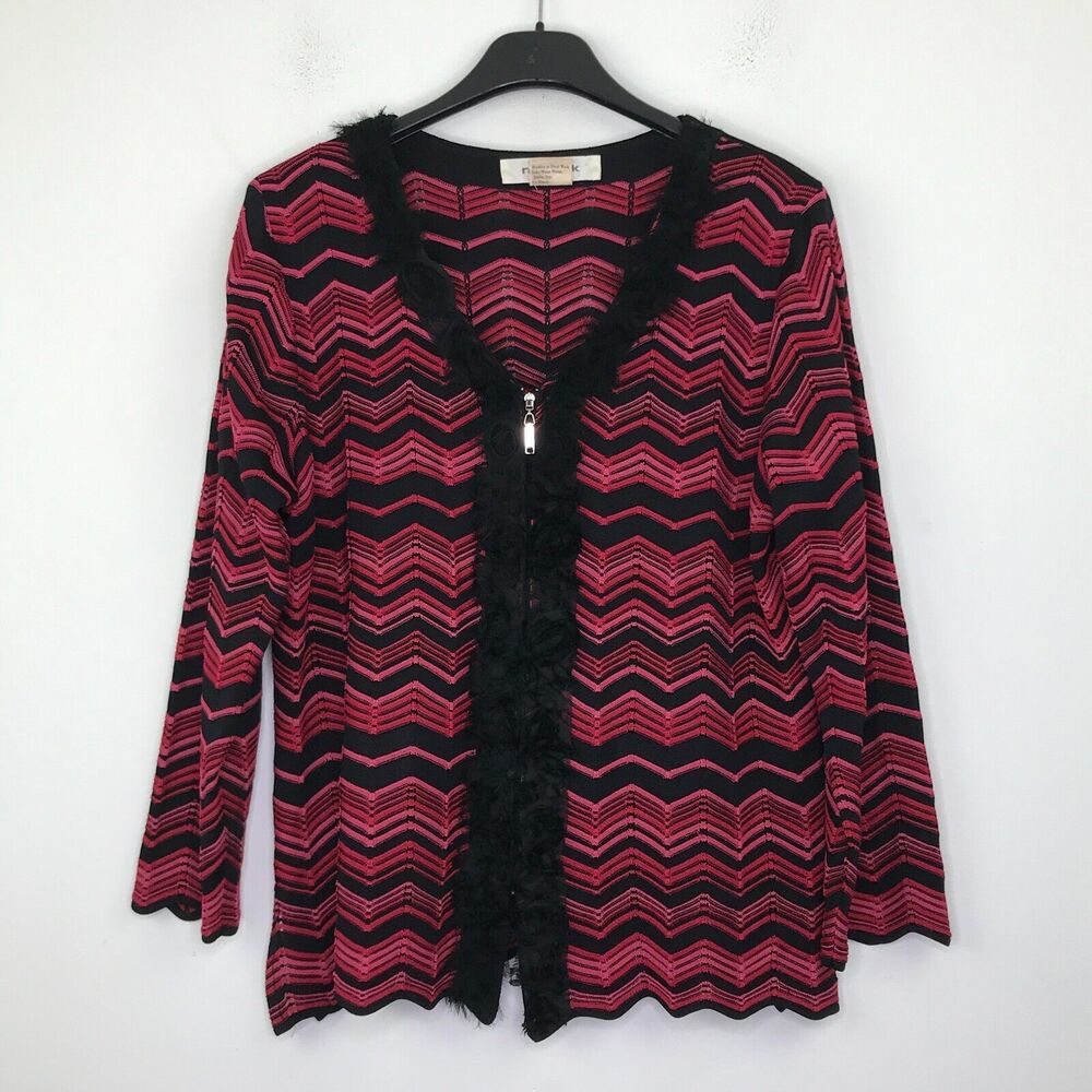 Misook Small Petite Cardigan Sweater Red Black Chevron Scallop Hem Full Zip CB20